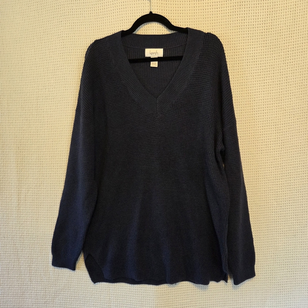 Kersh XXL Merino Wool Blend Navy Waffle Knit Women's V-Neck Long Sleeve Sweater